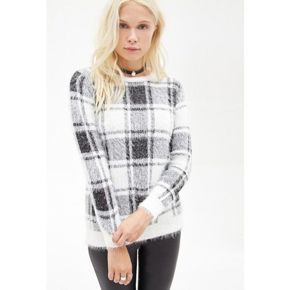 Fuzzy plaid sweater forever 21